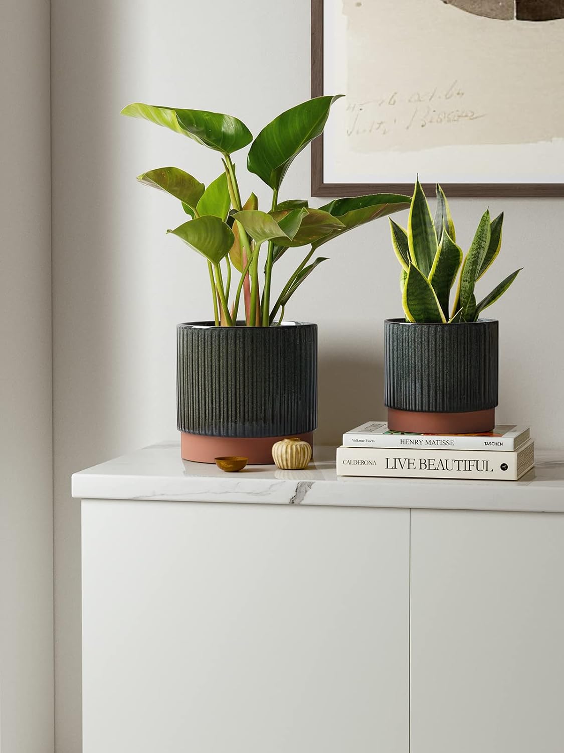 LE TAUCI Ceramic Plant Pots with Drainage Holes, Set of 3, 8+6.7+5.5 Inch Stripe Garden Planter Pots for Outdoor Indoor Plants Flower