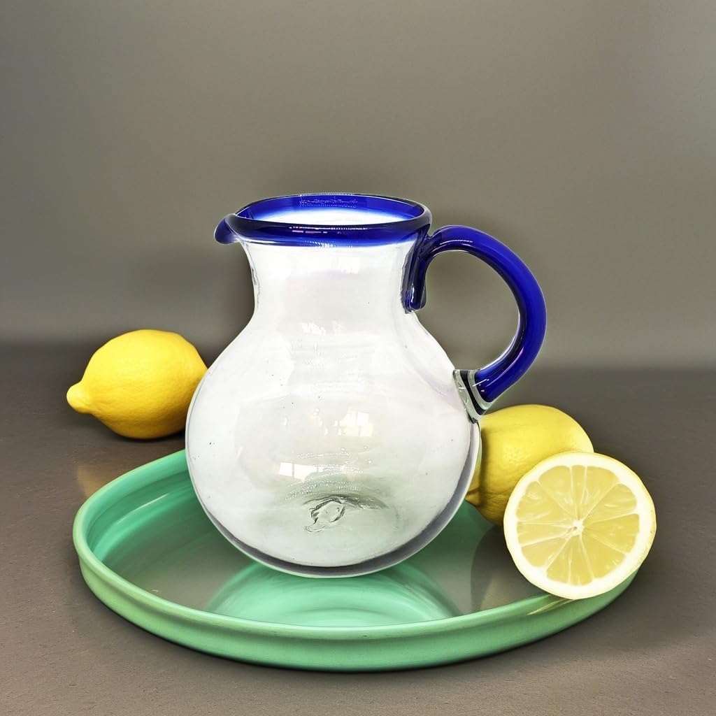 Cobalt Blue Rim 120 oz Pitcher and 6 Drinking Glasses set, Recycled Glass, Lead-free, Toxin-Free (Pitcher & Glasses)
