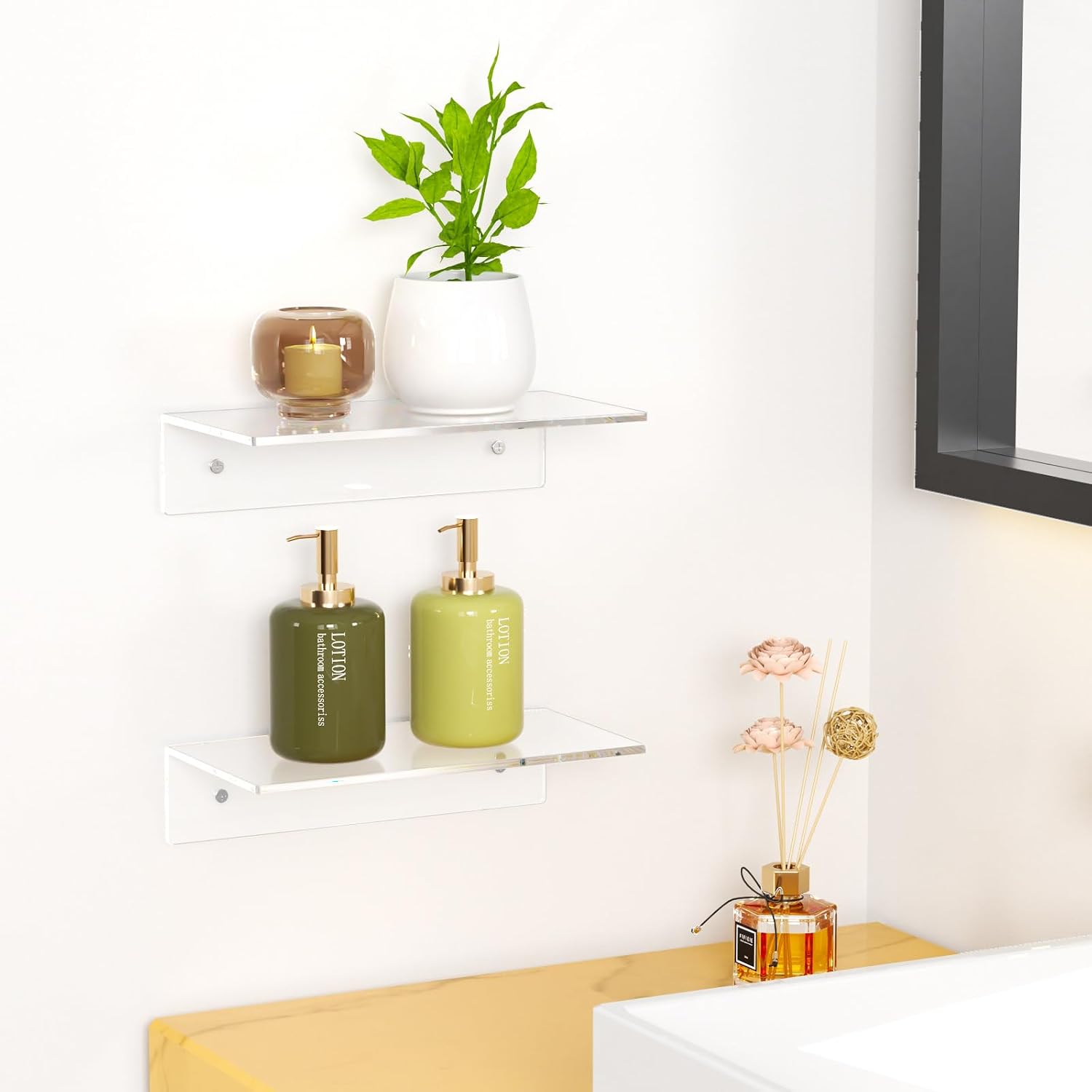 FEMELI 2 PCS 12" Acrylic Floating Shelves, Clear Shelf for Wall Display