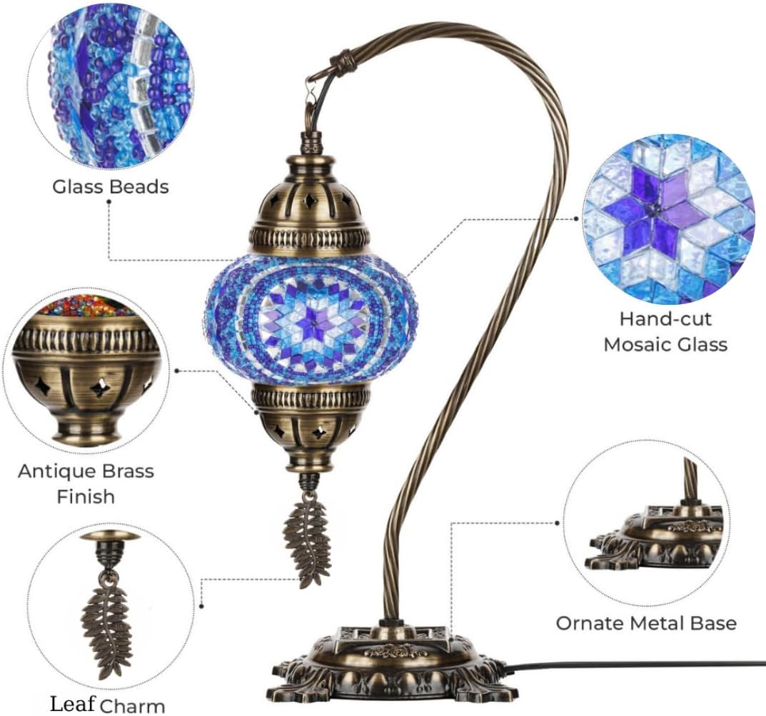 DEMMEX Turkish Table Lamp Moroccan Bedside Light Handmade Tiffany Mosaic Glass Boho Artisan Accent Lighting for Bedroom Living Room, Antique Brass Finish – 15" H, Multicolor