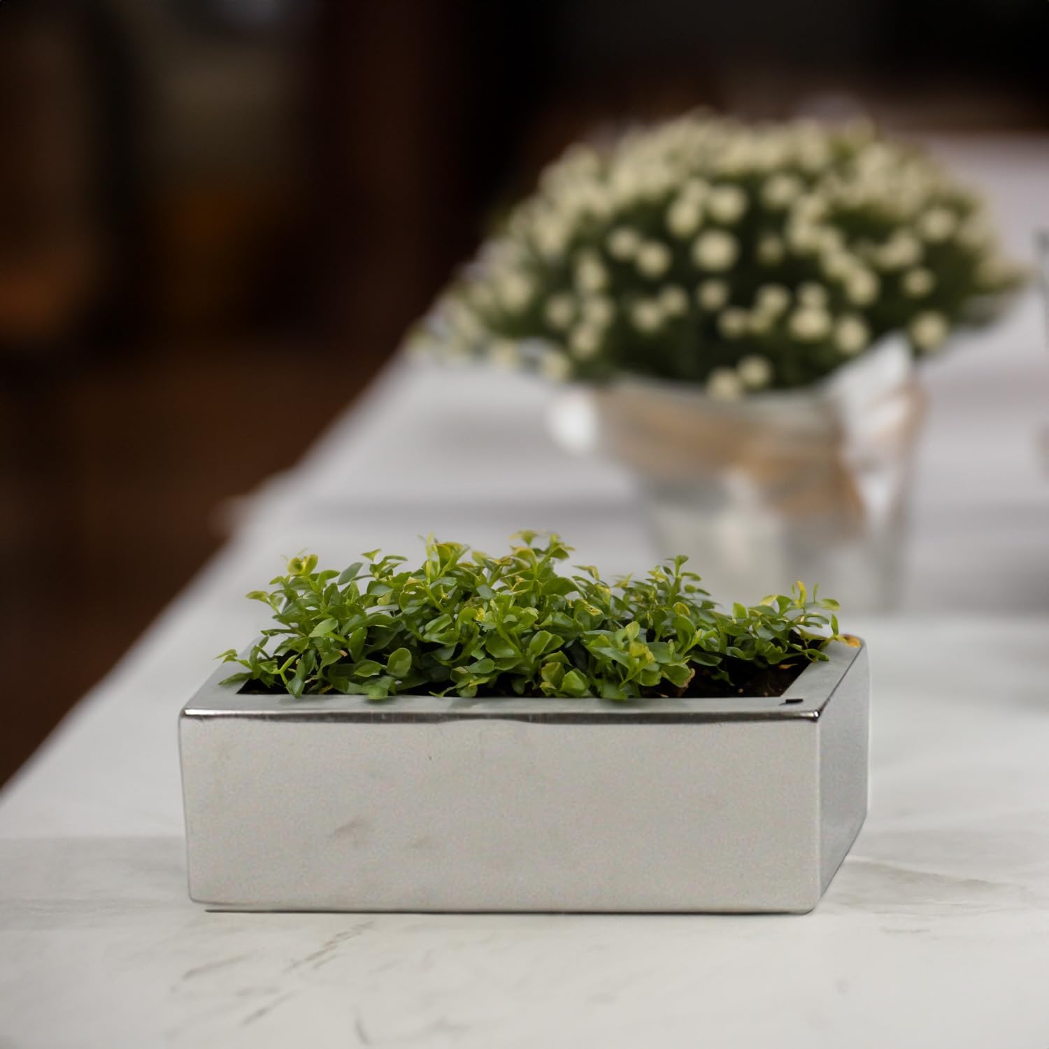 WGVI Long Rectangle Ceramic Planter Vase in White 14" x 4" x 4"H, Rectangular Box Block Terrarium Pot, Flower Arrangement, Tabletop Centerpiece