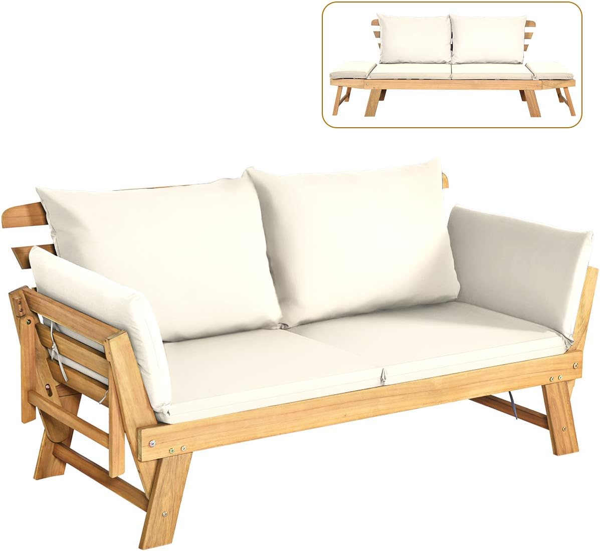 Tangkula Convertible Acacia Wood Patio Couch Sofa Bed with Adjustable Armrest, Outdoor Daybed with Cushion & Pillows