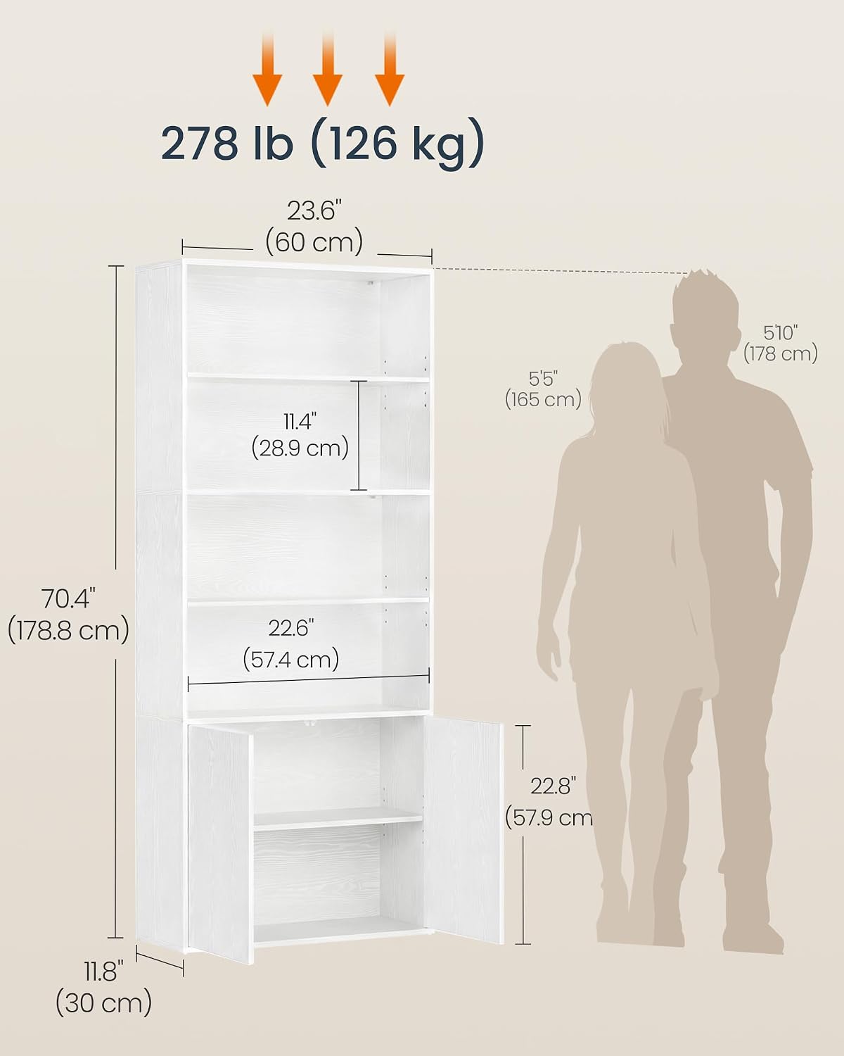 SONGMICS HOME Book Shelf, Snapsemble Superfast Assembly, 6-Tier Floor Standing Bookcase with Doors and Adjustable Shelves, 70.4 Inches Tall for Bedroom Study Living Room, Snow White