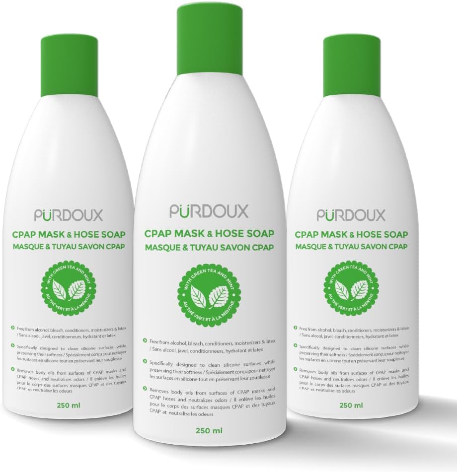 CPAP Mask & Hose Soap (Pack of 3 Bottles x 250mL) Green Tea Mint Scent | 8.4 fl oz, Alcohol Free, Silicone Safe, CPAP Hose Cleaner, Removes Dirt & Facial Oils, Gentle Cleaning, CPAP Supplies