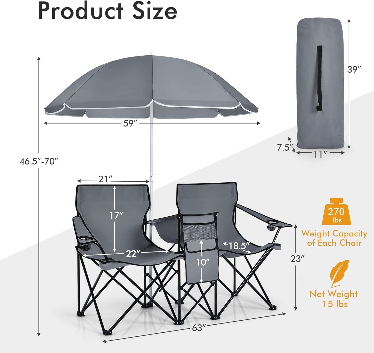 COSTWAY Double Portable Picnic Chairs, Folding Camping Chairs w/Detachable Umbrella, Cooler Bag, Cup Holders, Patio Beach Camping Chairs for Outdoors, Blue | Detachable Umbrella, Cooler Bag, Cup Holders, Patio Beach Camping Chairs for Outdoors, Blue