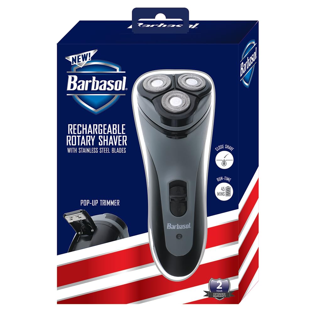 Barbasol Rotary Shaver, Rechargeable Electric Rotary Shaver with Stainless Steel Blades, Pop-Up Trimmer, Wireless Cordless Electric Razor, Close Shave