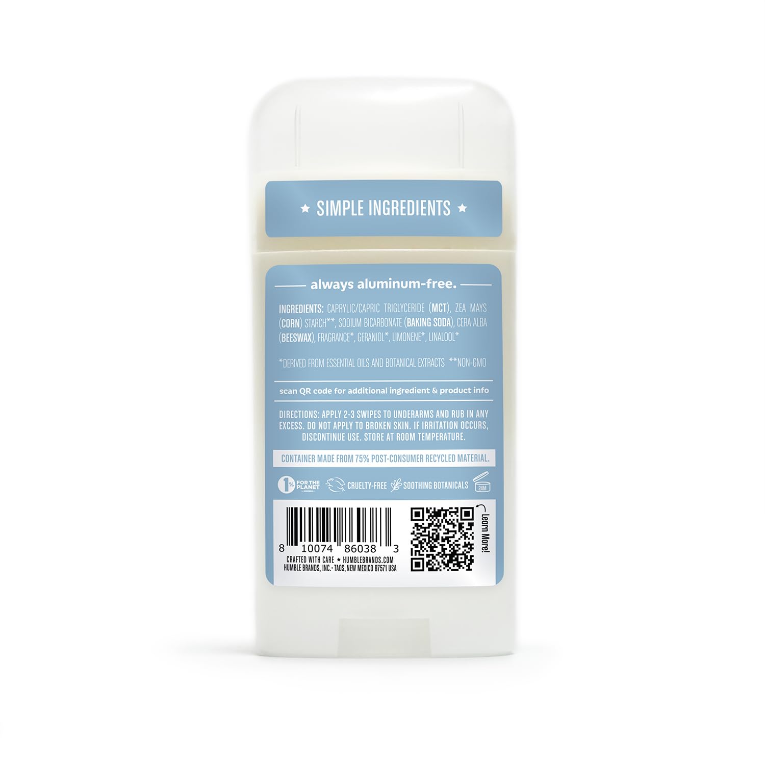Humble Aluminum-Free Deodorant, Simply Unscented - 1 Pack | Baking Soda-Free, Clean, Fresh, Natural, Essential Oils, Sensitive Skin, Long-Lasting Odor Control, Cruelty-Free, Men & Women