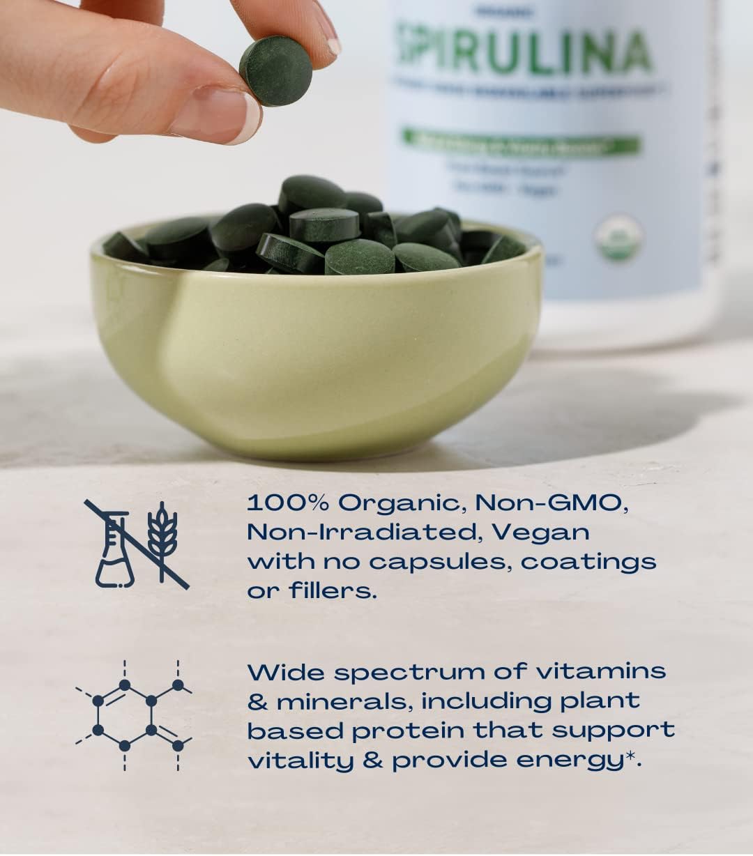 Organic Spirulina Tablets - 120 Tablets | Organic, Non-GMO, No Additives or Fillers - 500mg Premium Quality Dietary Supplement with Vitamins, Minerals, & Antioxidants