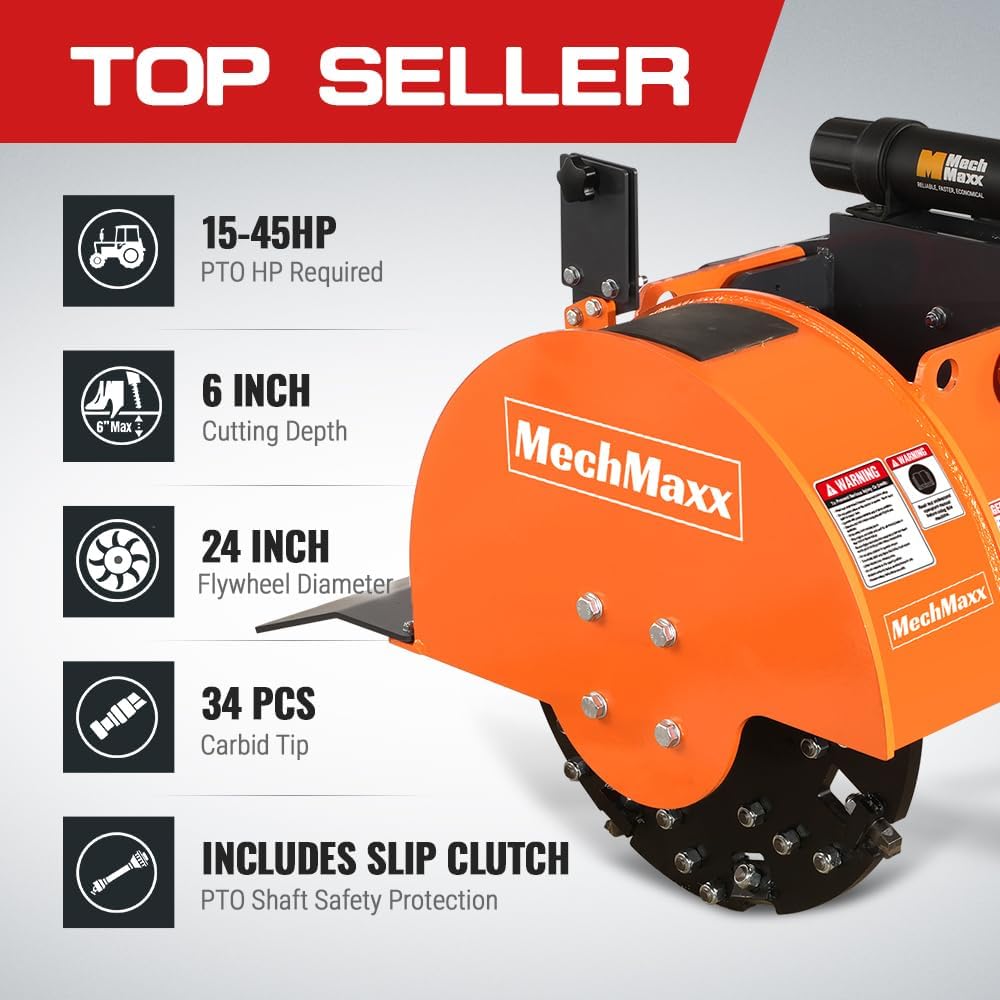 MechMaxx Heavy Duty 3-Point PTO Powered Stump Root Grinder For 15-45HP Tractors With 34 Carbide Teeth, 6'' Cutting Depth, 24'' Flywheel Diameter, Model SG24 Orange