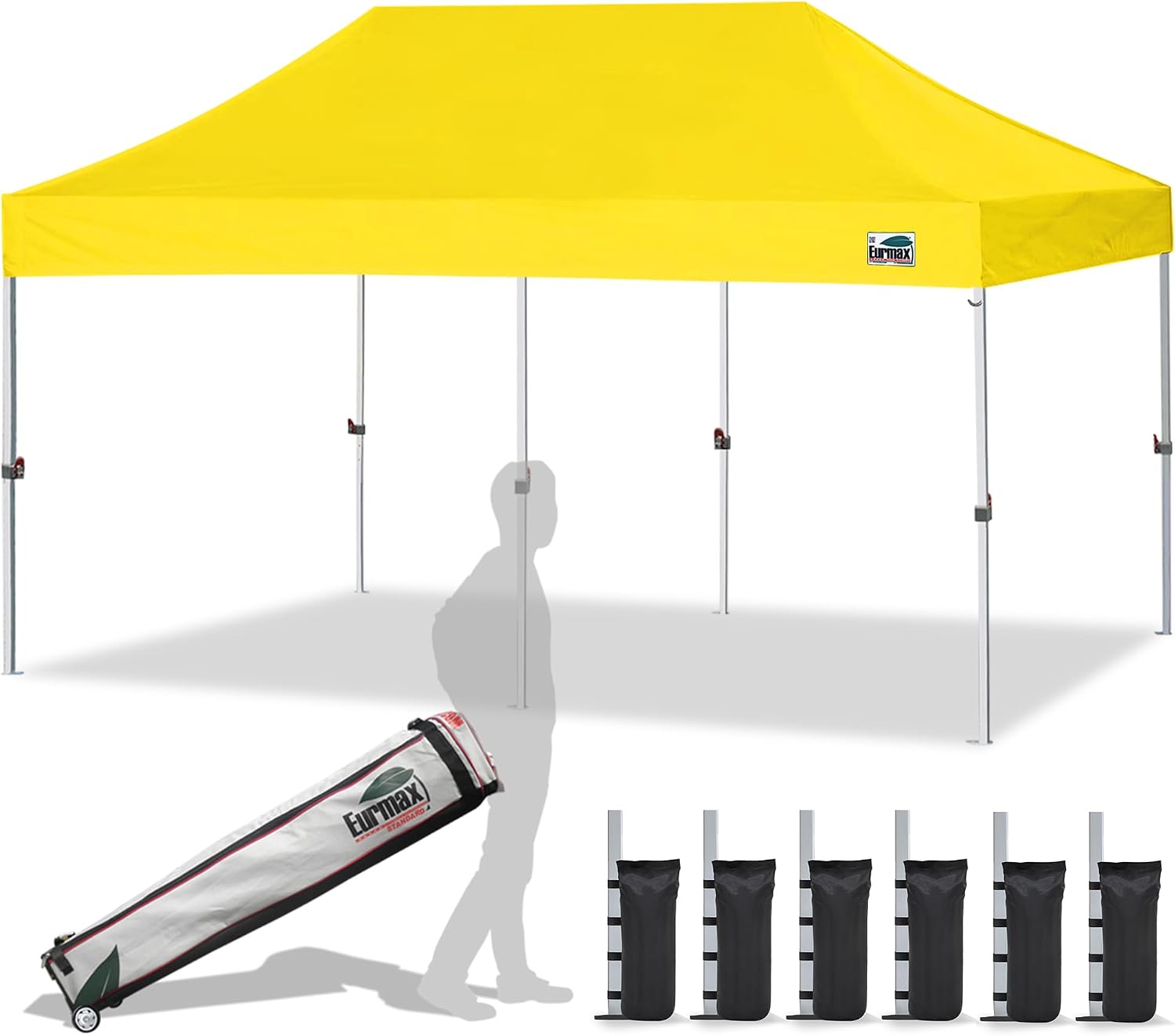 Eurmax USA 10x10ft Pop Up Canopy,Commercial Instant Tent for Outdoor Events,Patented No-Tip Rolling Storage Bag with 4 Sandbags,UV & Water Resistant,Heavy Duty Portable Shelter Gazebo,Black