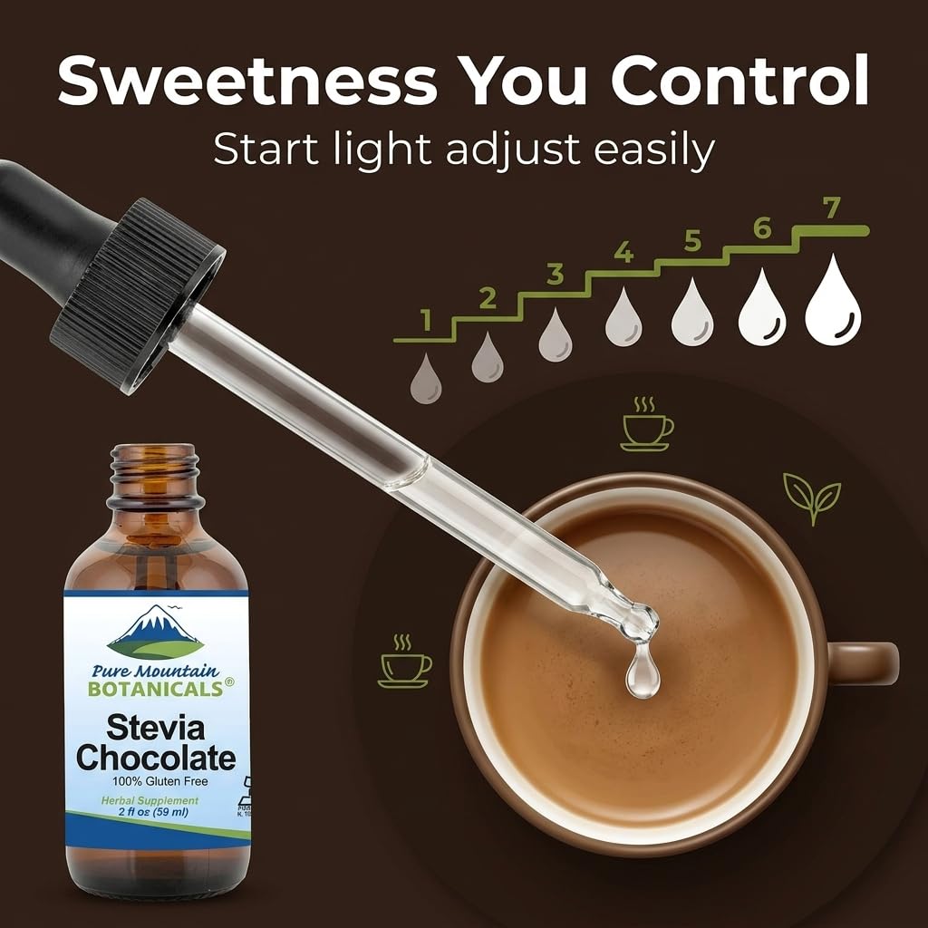 Chocolate Stevia Liquid Drops Flavored with Natural Sweet Dark Chocolate | Alcohol Free and Kosher | 2oz Glass Bottle