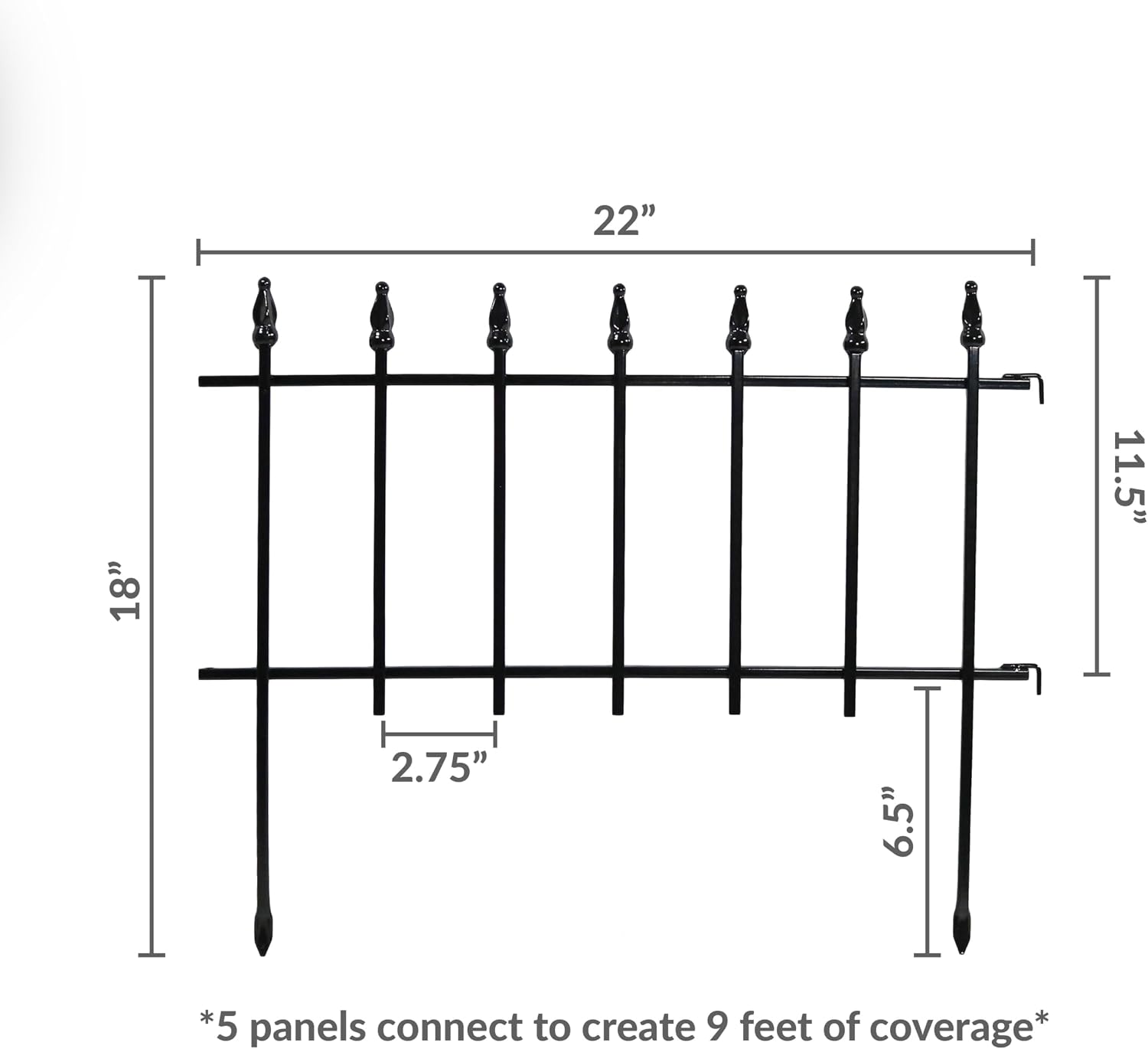 Sunnydaze Decorative Garden Fence Border, 9ft, 5 Panels, Black | 22" W x 18" H No Dig Metal Edging for Flower Beds, Yard, Lawn, Pathways & Landscaping, Roman Finial Design