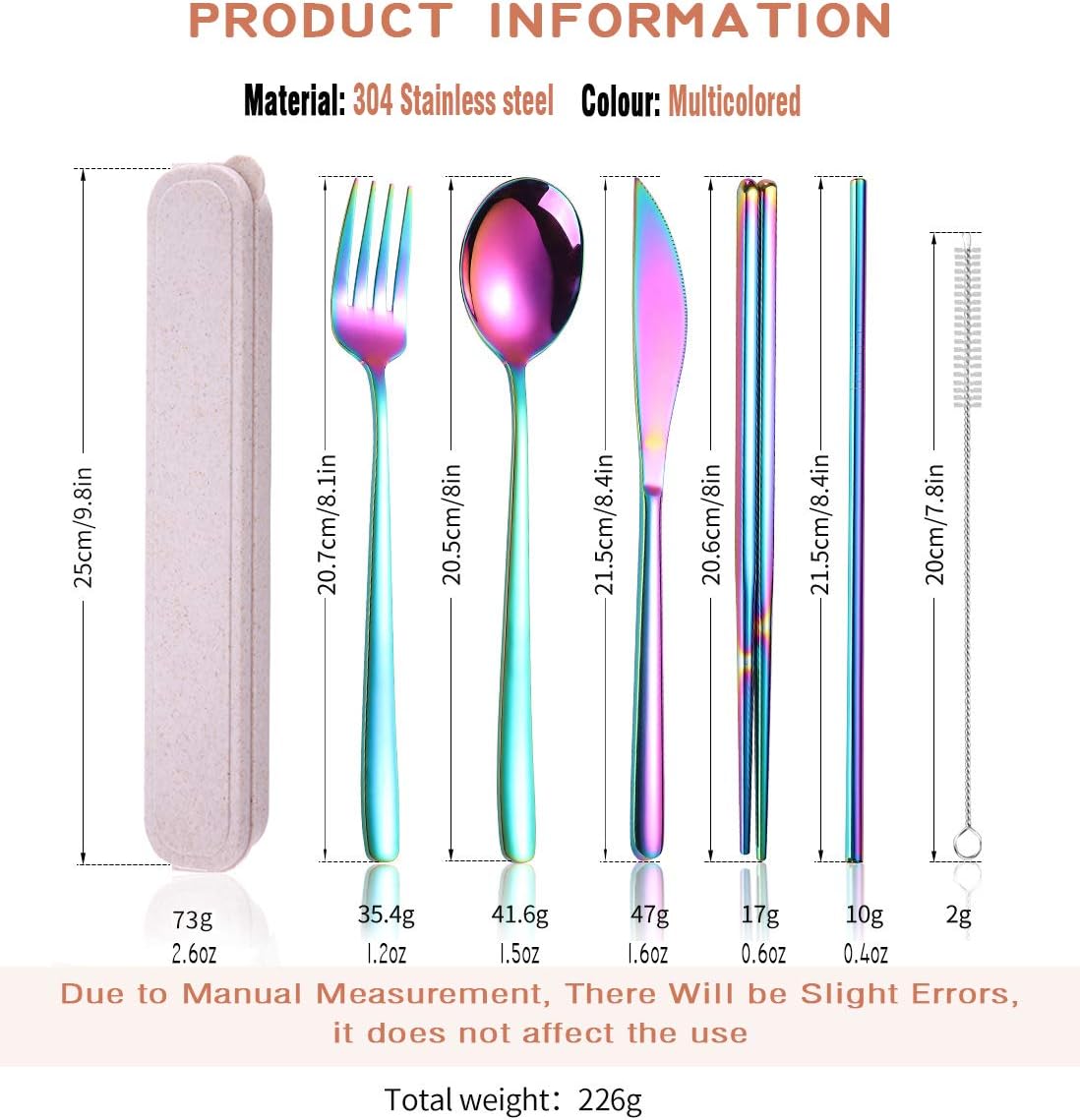 AARAINBOW 6 Pieces 18/8 Stainless Steel Flatware Set Portable Reusable Cutlery Set Travel Utensils Set Including Chopsticks Knife Fork Spoon Straws