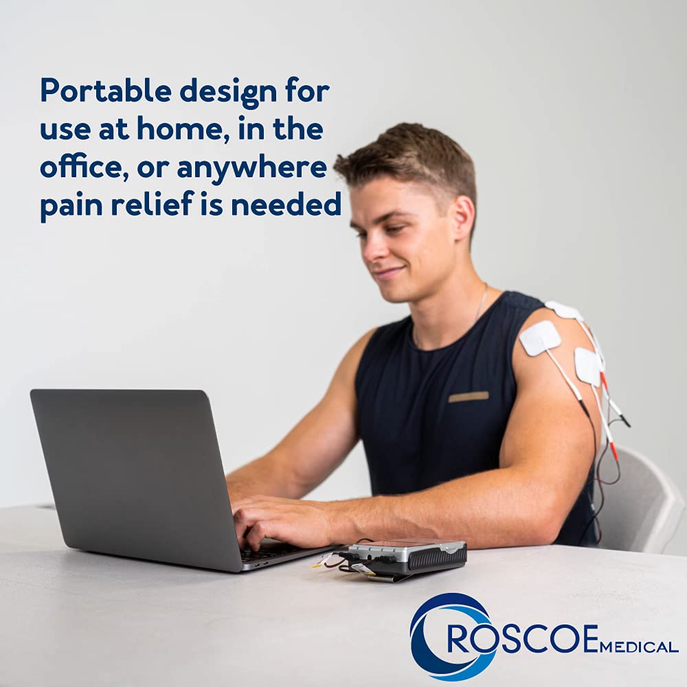 Roscoe Medical TENS Unit and EMS Muscle Stimulator – 16 Electrodes Included, 4-Channel OTC TENS Machine for Back Pain Relief, Lower Back Pain Relief