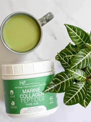 HLP Marine Collagen Posed with Smoothie and Plant on White Marble counter