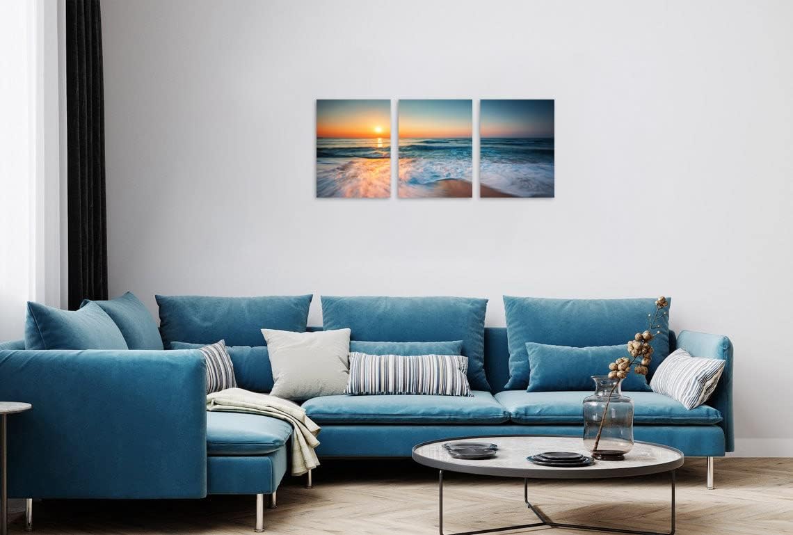 TutuBeer 3 Panel Beach Canvas Wall Art for Home Decor Blue Sea Sunset White Beach Painting the Picture Print on Canvas Seascape the Pictures for Home Decor Decoration,Ready to Hang