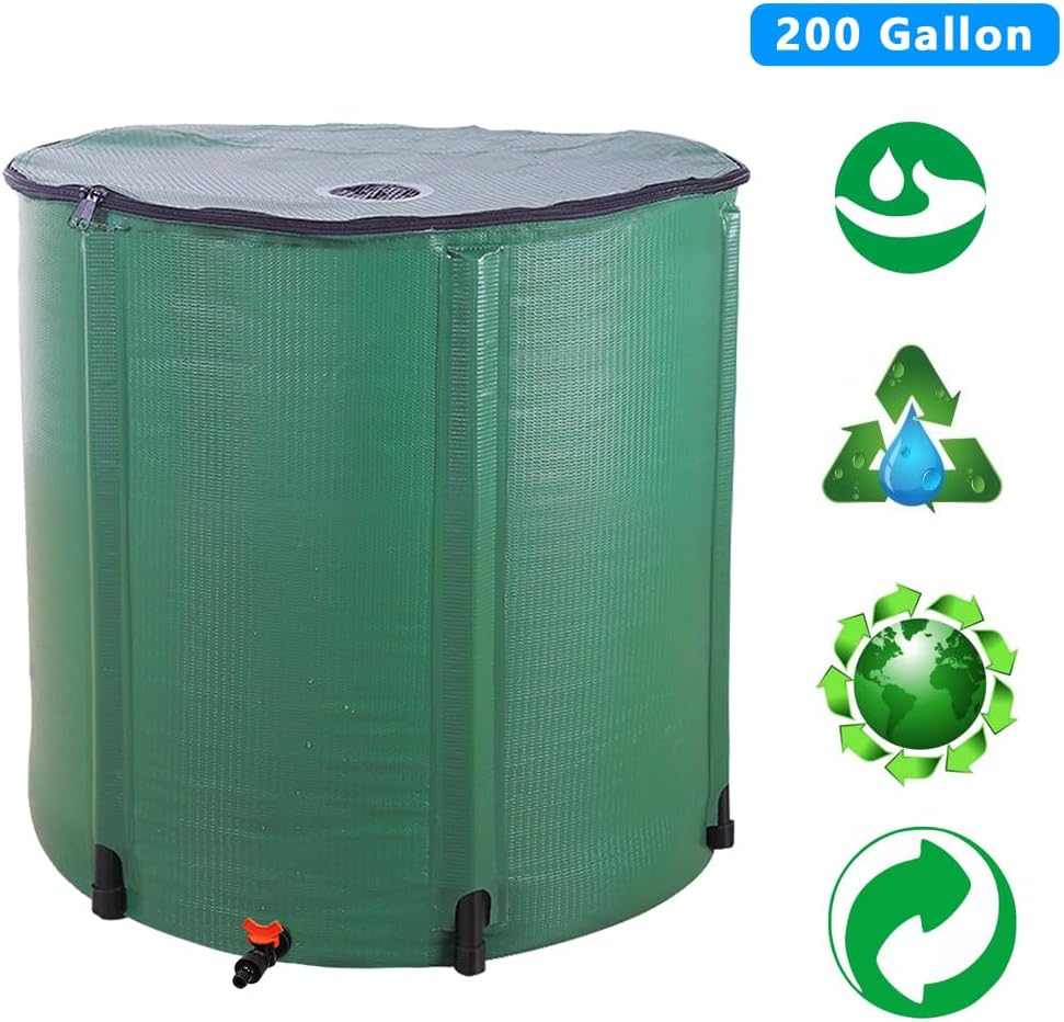 Collapsible Rain Barrel, Portable Water Storage Tank, Rainwater Collection System Downspout, Water Catcher Container (50 Gallon, Green)