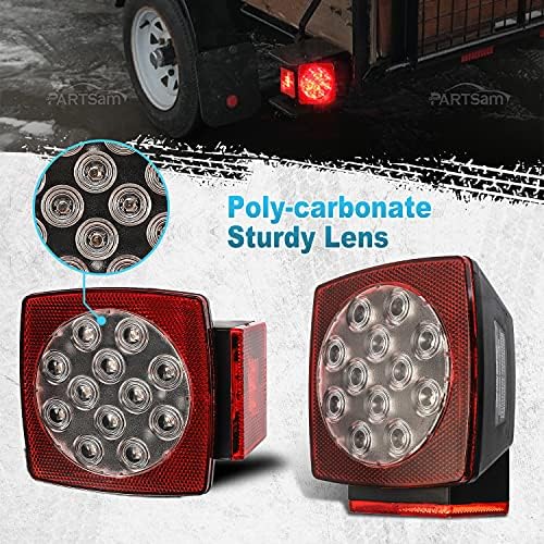 Partsam 12V Waterproof Square LED Trailer Tail Light Kit Clear Lens Red Trailer Brake Stop Tail Turn Signal Running Lights License Kit for Camper