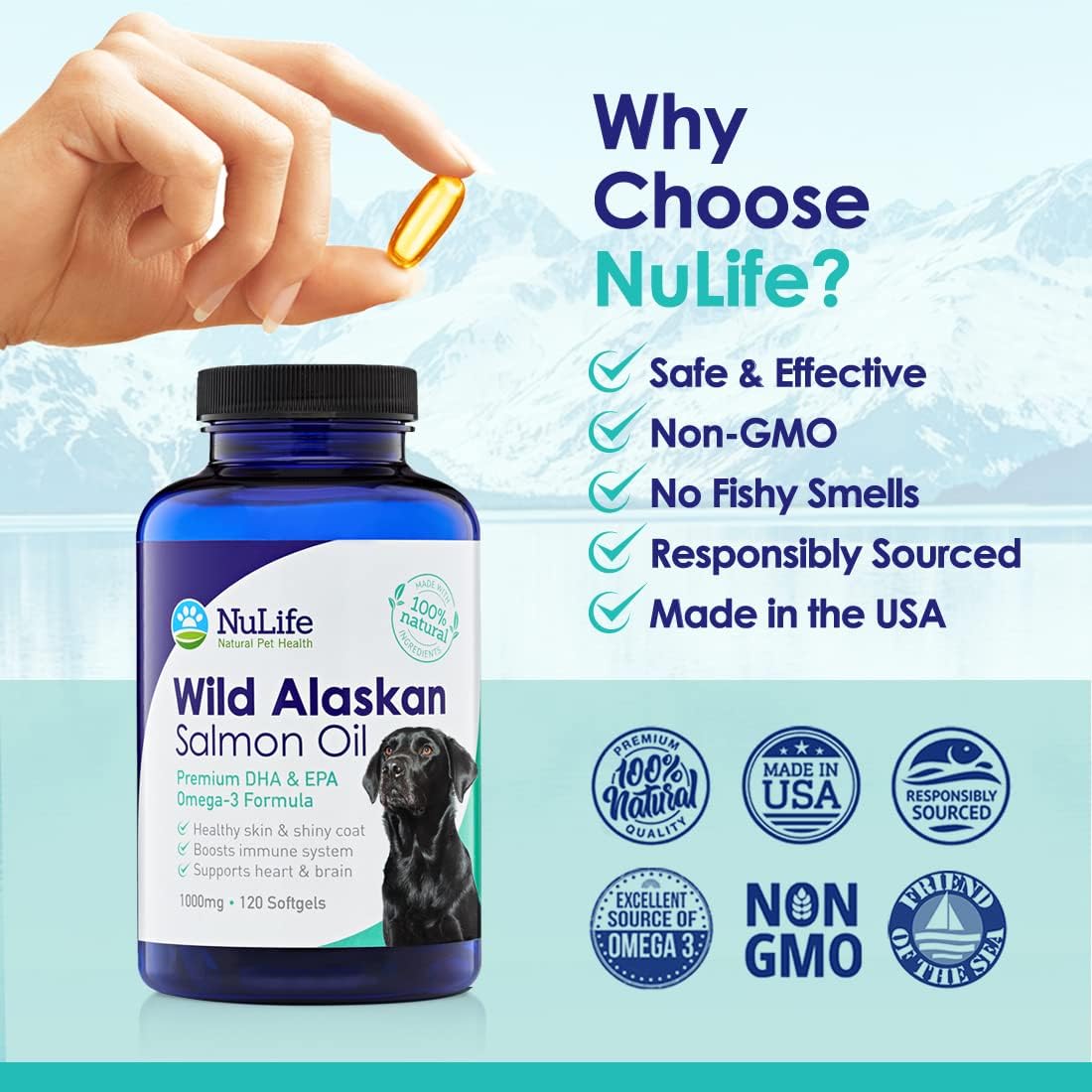 Pure Wild Alaskan Salmon Oil for Dogs, Omega 3 Fish Oil Supplement for Healthy Skin & Shiny Coat, Prevents Itchy Skin, Skin Allergies & Shedding