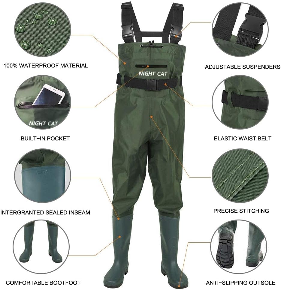 Night Cat Fishing Waders for Men Women Waterproof Hunting Chest Wader with Bootfoot Belt Breathable Lightweight Size 6 to 14
