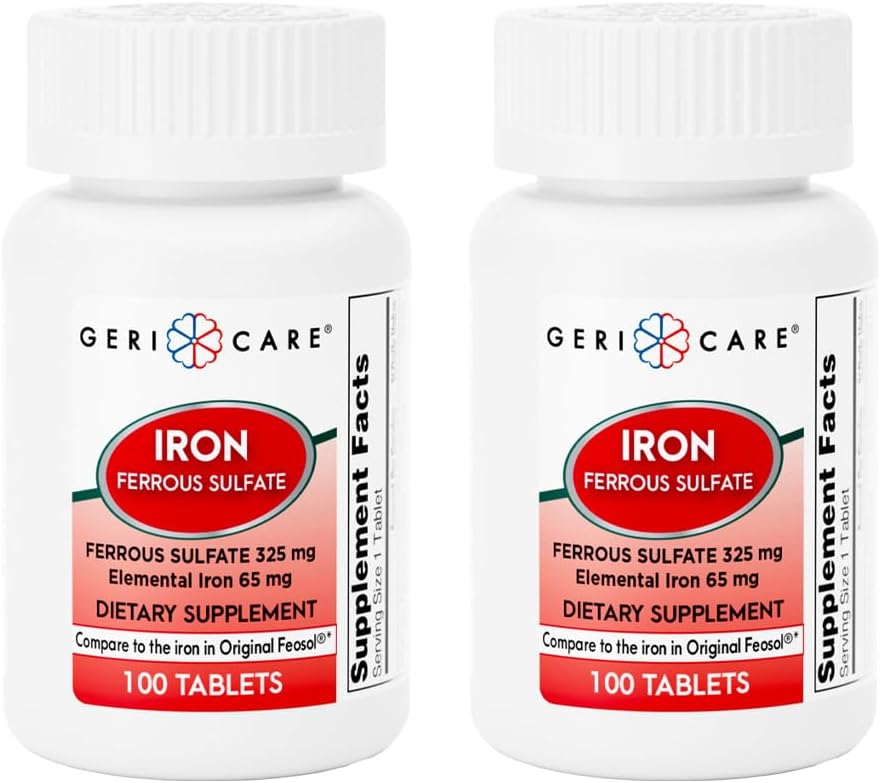 GeriCare Ferrous Sulfate Tablets 325mg, Elemental Iron 65 mg High Potency Iron Supplement | Dietary Supplement 100 Count. (Pack of 1)
