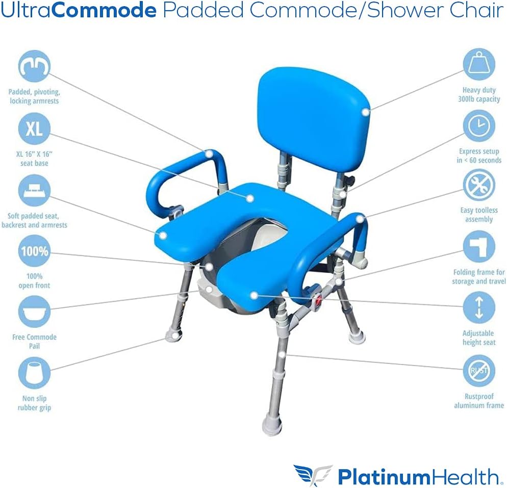 UltraCommode Shower Chair for Elderly and Disabled, Foldable Commode | Sit Securely While Bathing - Blue, padded seat, adjustable height