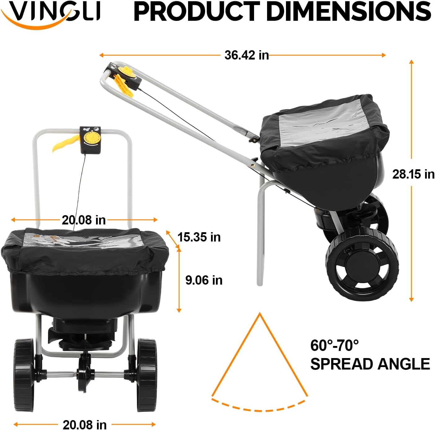 VINGLI 70lbs Fertilizer Spreader with 15 Adjustable Drop Rate, Pre-Assembled Walk-Behind Seed Spreader, with 9" Tire for Multi-Terrain, Broadcast Spreader for Lawn Care & Seed Spreading