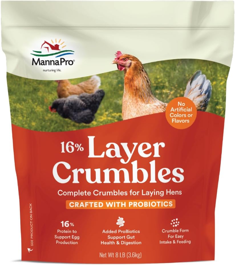 Manna Pro Layer Crumbles Chicken Feed, 16% Protein, Digestive Aid, 8 lb Bag | Complete Feed for Laying Hens, 16% Protein Formula, Added Probiotics, Supports Egg Production & Digestion