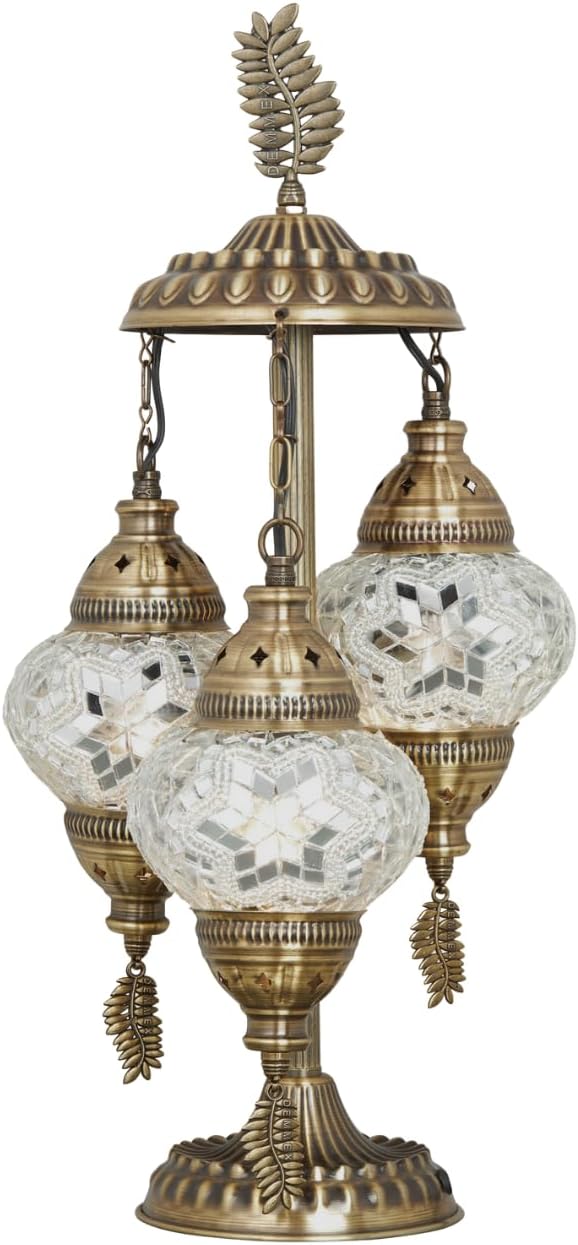 DEMMEX 3-Globe Turkish Moroccan Table Lamp, Tiffany Mosaic Glass Bedside Night Light, Handmade Colorful Mosaic Glass Globes & Antique Brass Finish Base, 21" H, Multicolor
