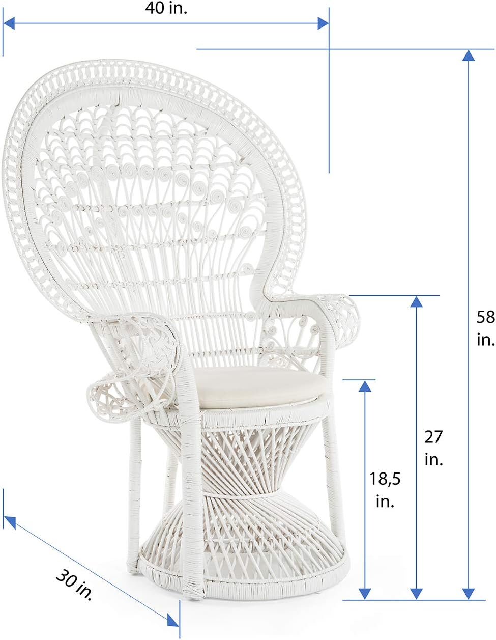 KOUBOO Grand Pecock Retro Peacock Chair in Rattan with Seat Cushion, Natural Color, Large