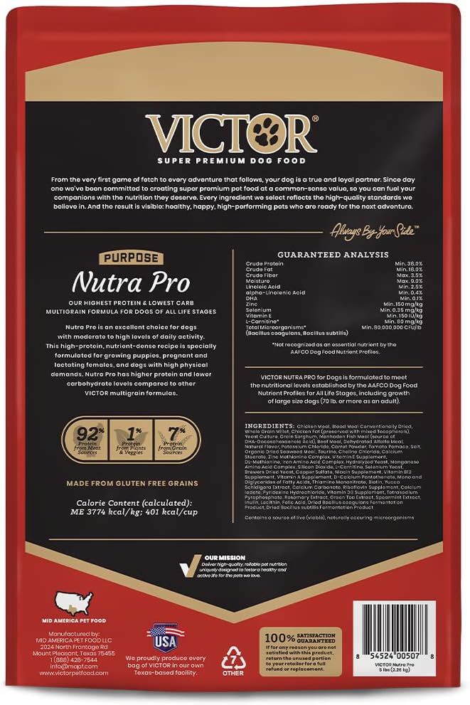 VICTOR Purpose Nutra Pro Dry Dog Food - High Protein Gluten-Free, 40 lb | Super Premium Dog Food, Low Carb Dry Kibble, For Active Dogs of All Ages, For Sporting, Pregnant or Nursing Dogs & Puppies