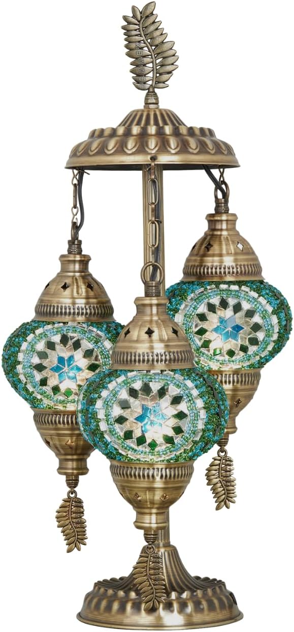 DEMMEX 3-Globe Turkish Moroccan Table Lamp, Tiffany Mosaic Glass Bedside Night Light, Handmade Colorful Mosaic Glass Globes & Antique Brass Finish Base, 21" H, Multicolor