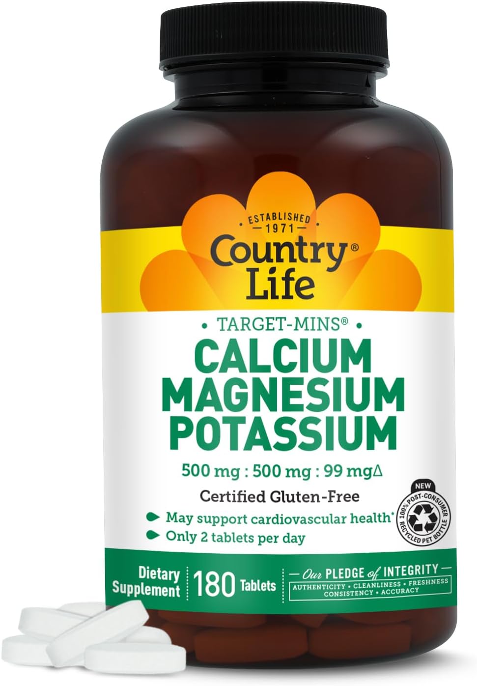 Country Life Target-Mins Calcium Magnesium Potassium, 180 Tablets | 500 mg calcium, 500 mg magnesium and 99 mg potassium per 2-tablet serving; certified gluten-free