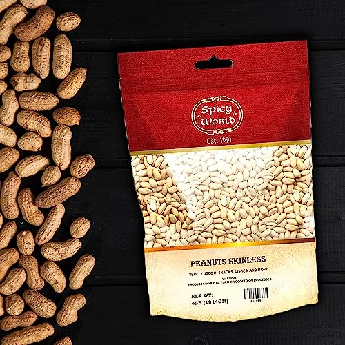 Spicy World Skinless Peanuts, Blanched Raw Peanuts (Uncooked, Unsalted) 4 Pound (64oz) ~ All Natural USA Grown