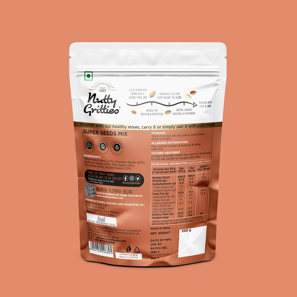 Nutty Gritties Super Seeds Mix - Roasted - Flax Chia Sesame Sunflower Watermelon Pumpkin Seeds (Pack Of 1 - 200 Grams)