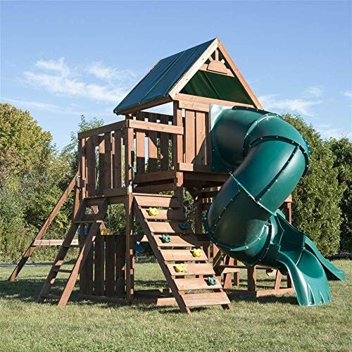 Swing-N-Slide WS 8359 Tellico Terrace Wood Swing Set with Two Slides, Climbing Wall & Swings, Brown