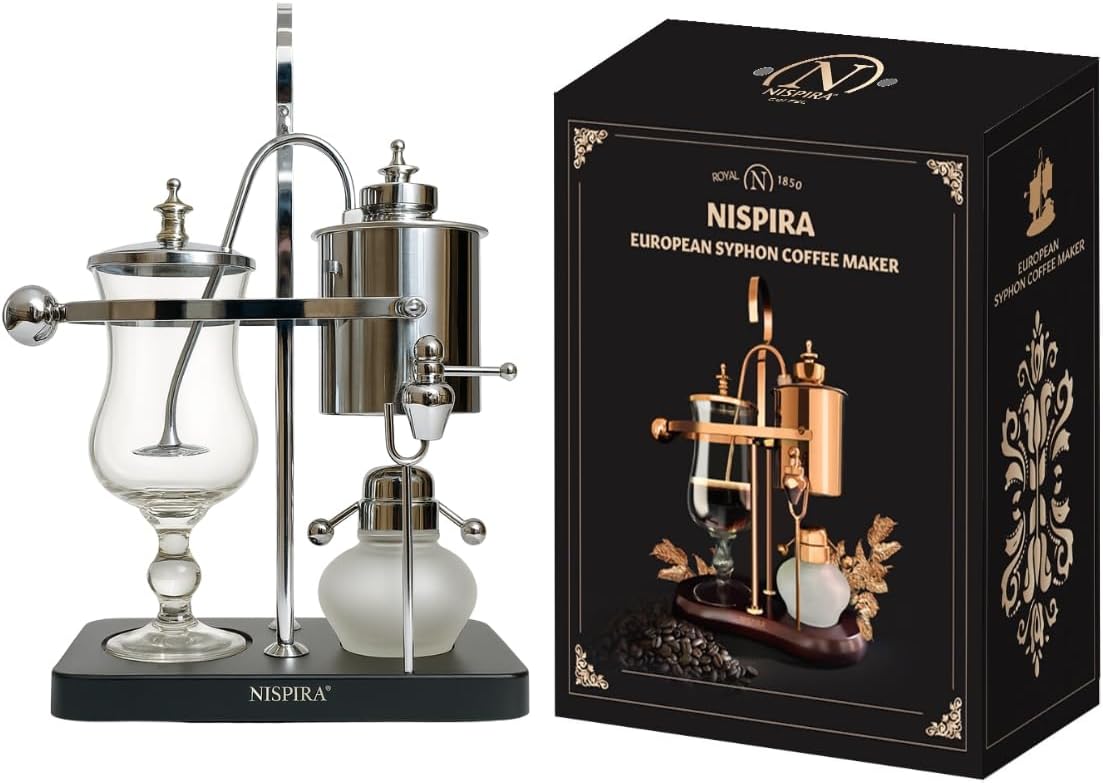 Nispira Belgian Balance Syphon Vacuum Coffee Maker, 500 ml Vintage Gravity Brewing System, Silver Finish, Manual Tabletop Coffee Brewer