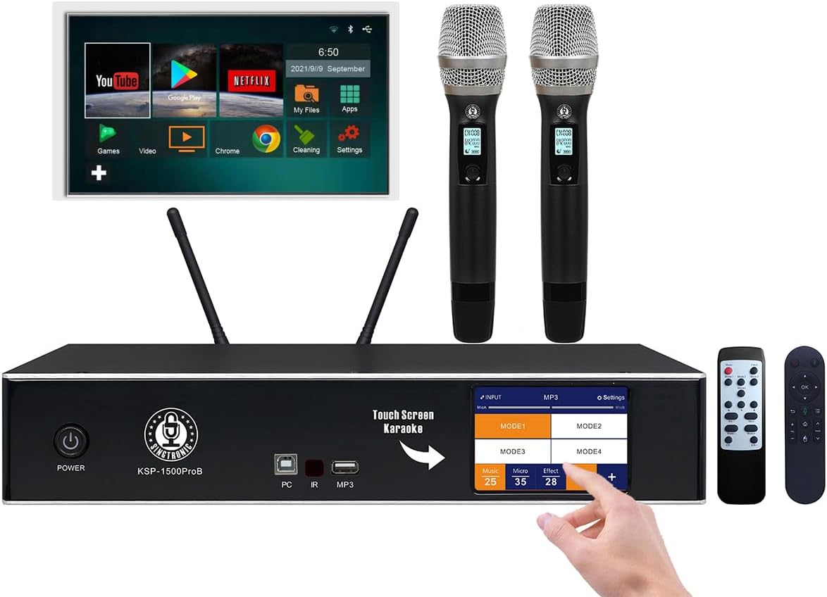 Professional 2500W YouTube Karaoke System | 4-in-1 Touchscreen Karaoke Amplifier with Android, Bluetooth, Anti-Feedback Mixer, 2 Wireless Microphones