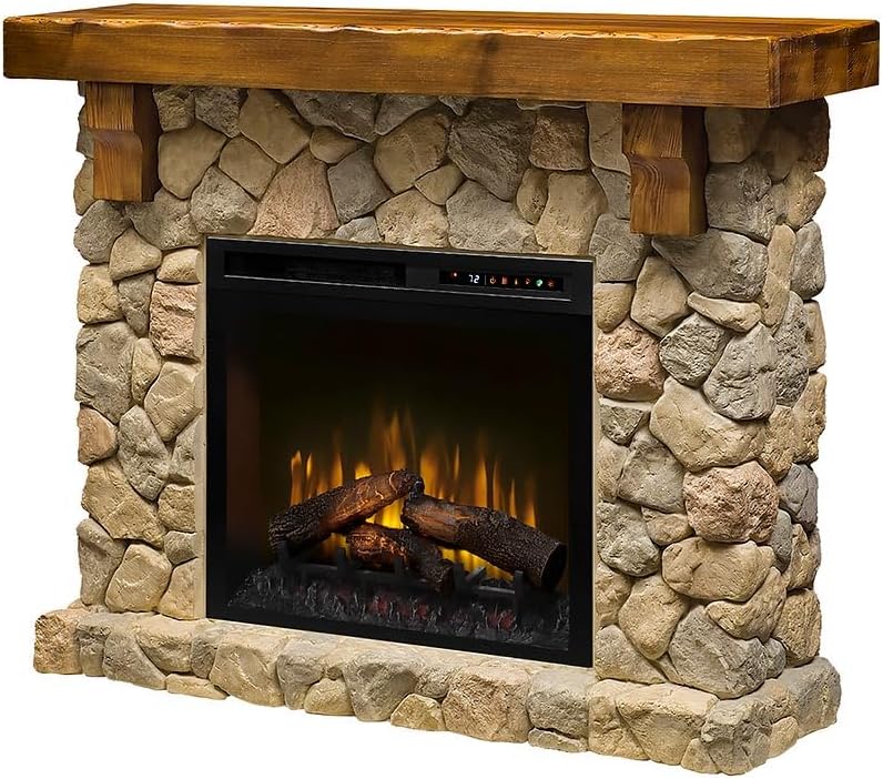 Dimplex Fieldstone Electric Fireplace with Mantel Surround Package | Pine with Natural Stone-Look, Includes 26" Electric Fireplace - #GDS28L8-904ST