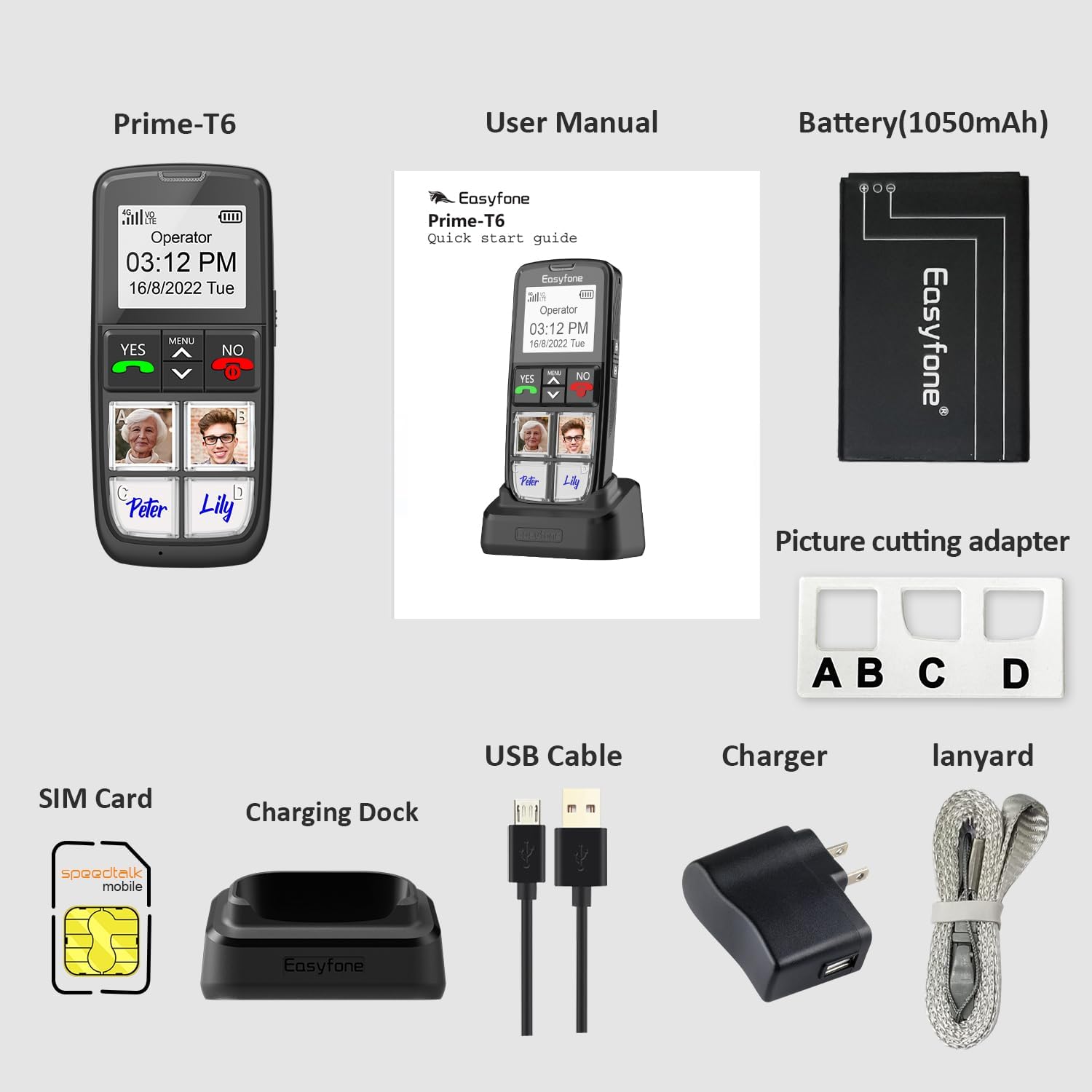Easyfone Prime-T6 4G Picture Button Cell Phone for Seniors | Easy-to-use | Clear Sound | SOS Button | Easy Charging Dock | SIM Card Included