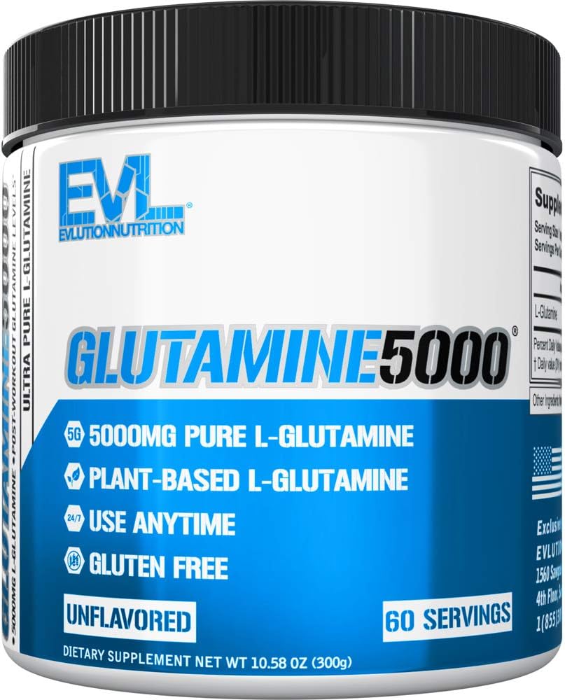 EVL L-Glutamine Powder Supplement for Post Workout Recovery, Vegan | Pure 5g L-Glutamine formula supports post-workout recovery, muscle performance