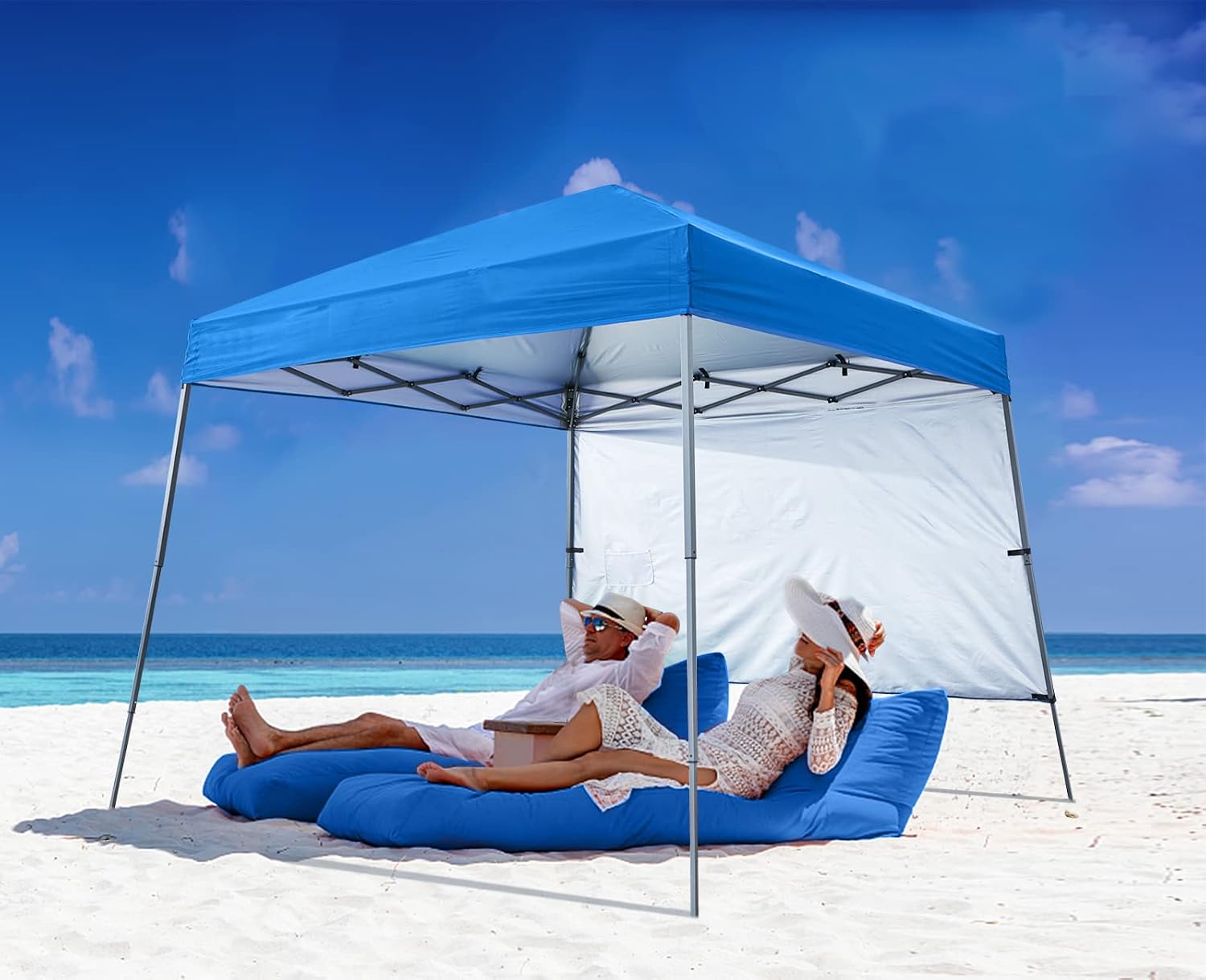 ABCCANOPY Outdoor Pop Up Canopy 10x10 Beach Camping Canopy with 1 Sun Wall, Bonus Backpack Bag, Stakes and Ropes, Sky Blue | Backpack Carry Bag, Stakes & Guy Ropes Included, Easy Setup; For Beach, Camping, Backyard