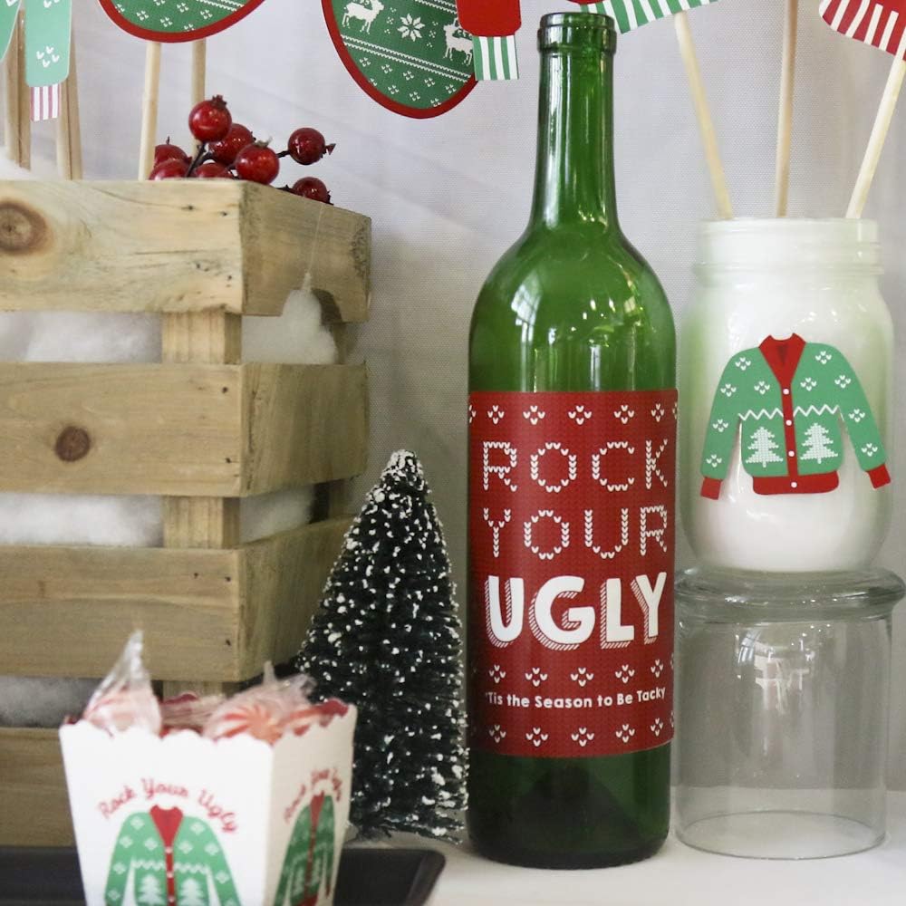 Big Dot of Happiness Ugly Sweater - Holiday and Christmas Wine Bottle Label Stickers - Set of 4