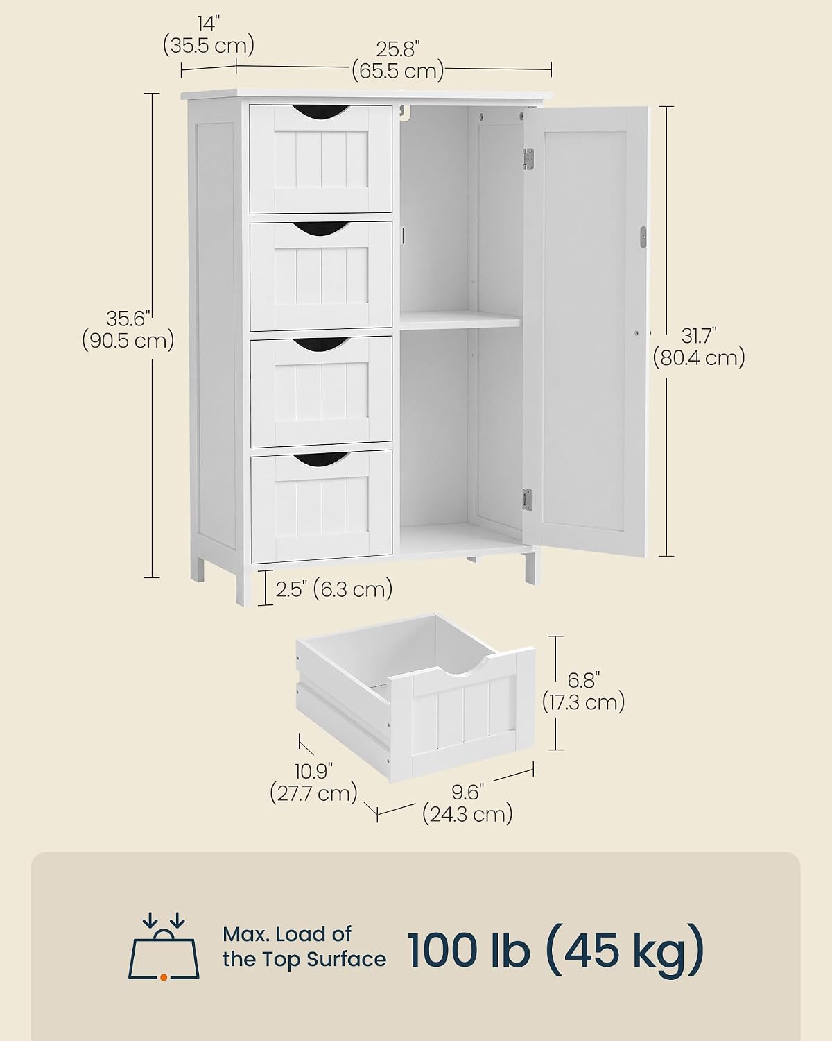 SONGMICS HOME Freestanding Storage Cabinet, Floor Cabinet with Elevated Legs, Metal Handles, for Living Room, Kitchen, Bathroom, Green