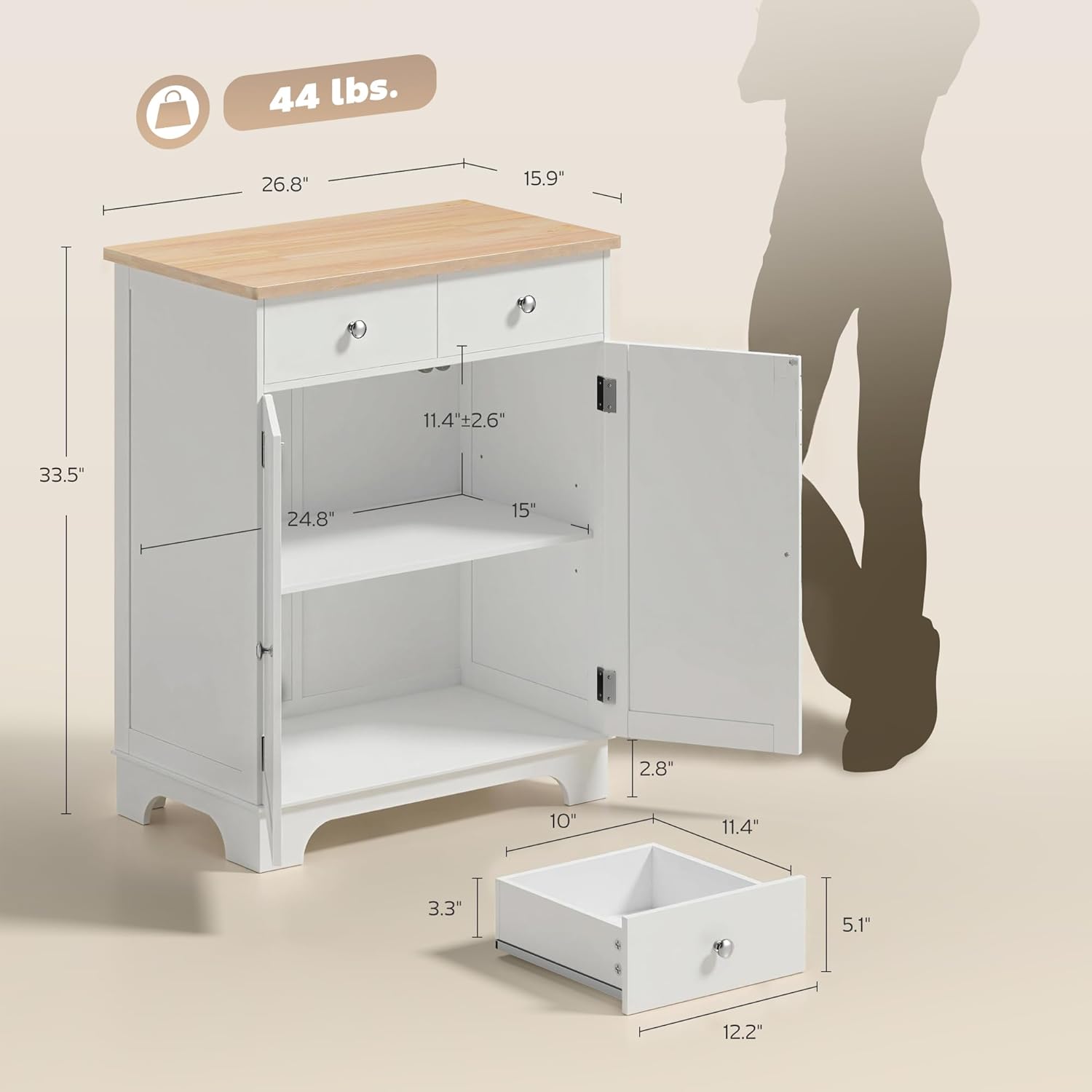 HOMCOM Sideboard Buffet Cabinet Solid Wood Countertop White