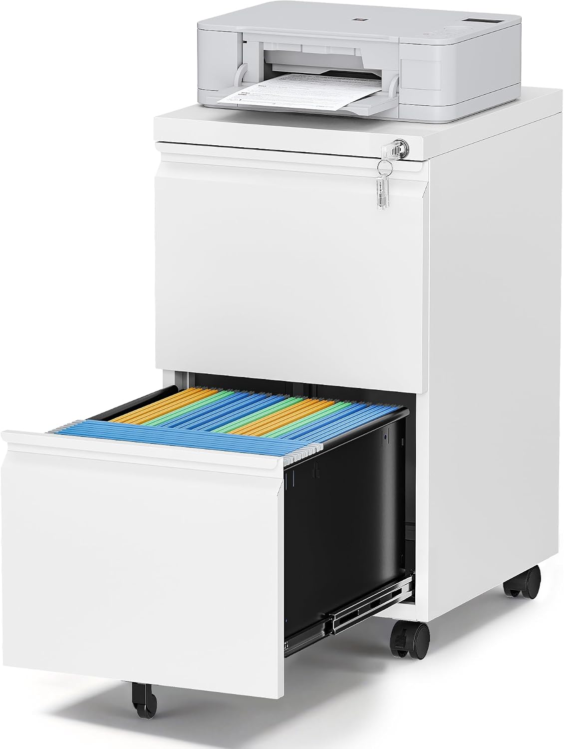 3 Drawer File Cabinet with Lock,Mobile Lateral Filing Cabinet with Side Hook for Letters/Legal/A4, Metal Printer Stand Storage Cabinets with Shelves for Home Office(Black)