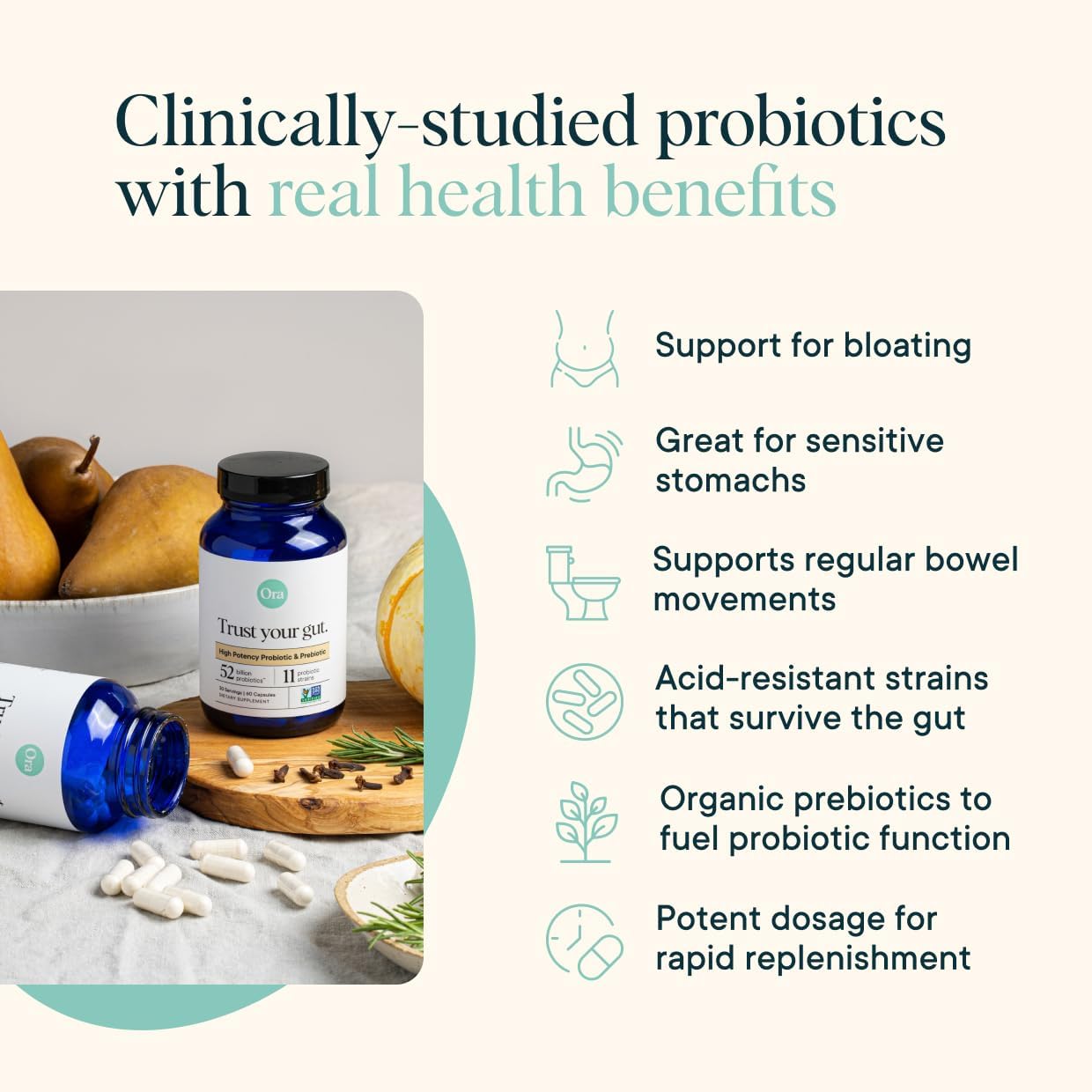 Ora Organic Vegan Probiotic and Prebiotic Capsules | 16 Billion Probiotics + Organic Prebiotics, Dairy-Free, Gluten-Free, for Sensitive Stomachs- 1 Month Supply (60 Capsules)