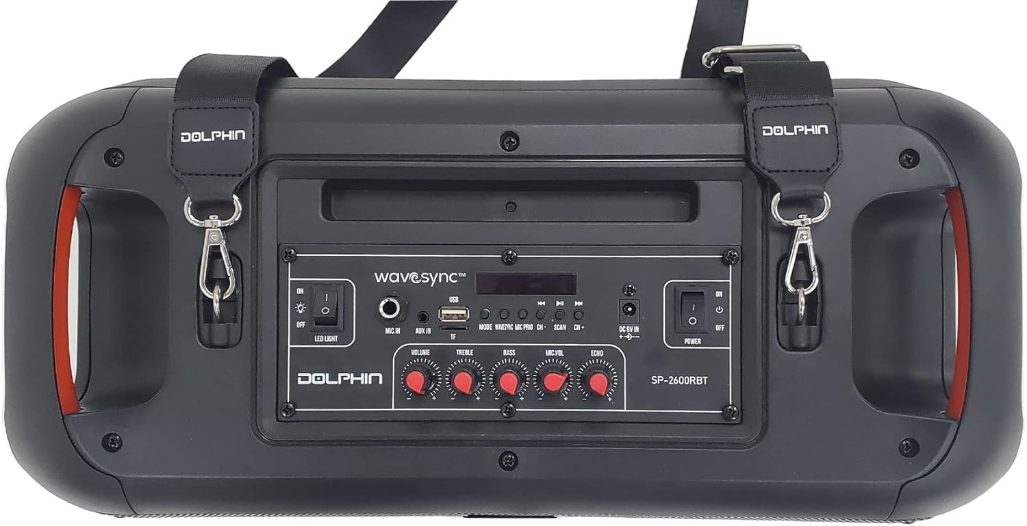 Dolphin Boombox Bluetooth Party Speaker with Wired Mic, Dual 6.5" Woofers | 1" Tweeter, WaveSync Pairing, LED Lights, USB/microSD/FM/AUX