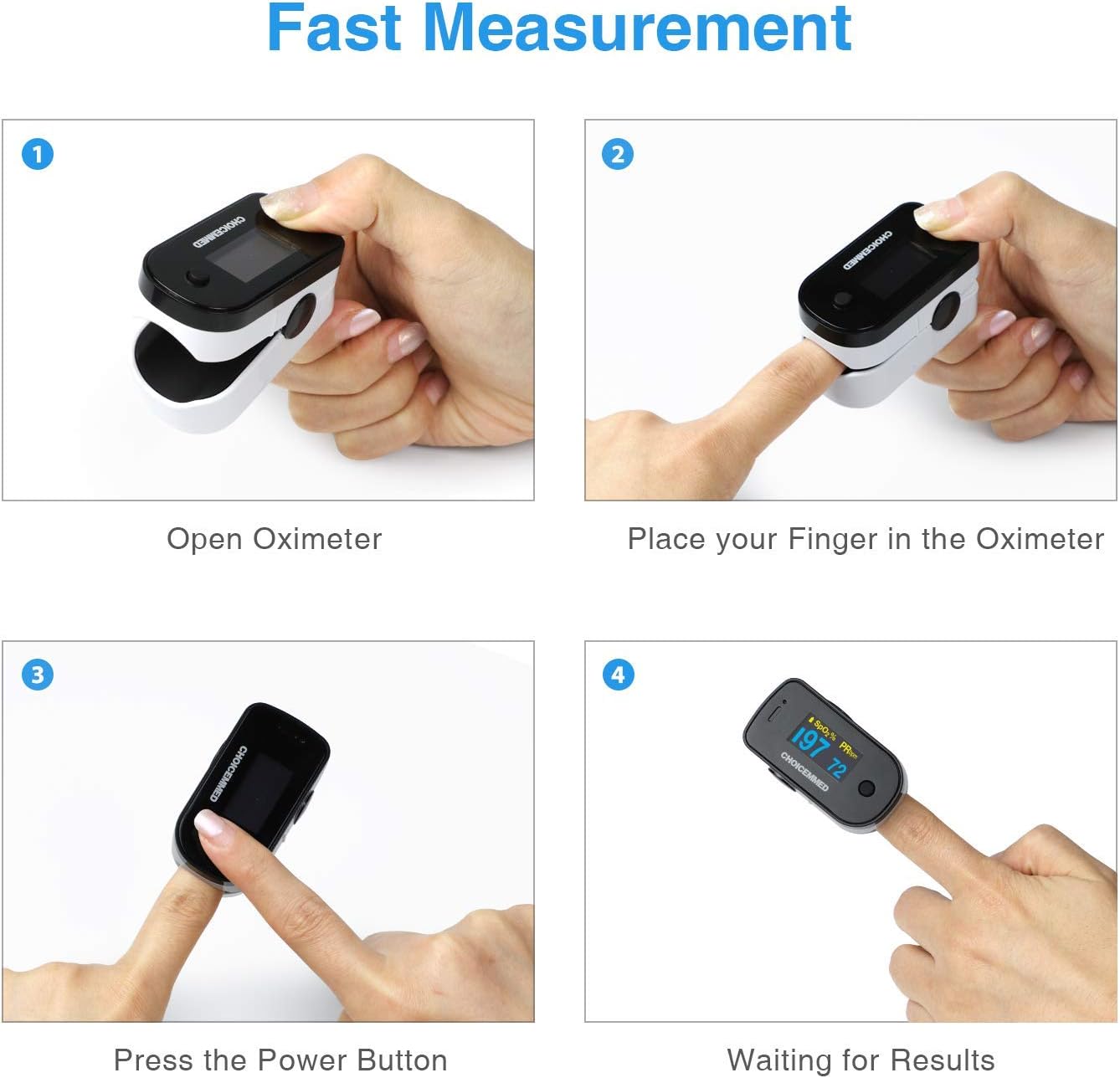 CHOICEMMED Black Dual Color OLED Finger Pulse Oximeter - Blood Oxygen Saturation Monitor with Color OLED Screen Display and Included Batteries - O2