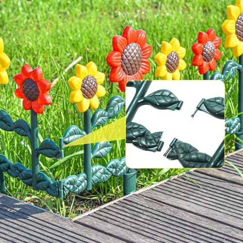 Sungmor Plastic Garden Picket Fence Edging, Sunflower Decor Lawn Flower Bed Border Panels, 4 Pack Total 98 Inches Length